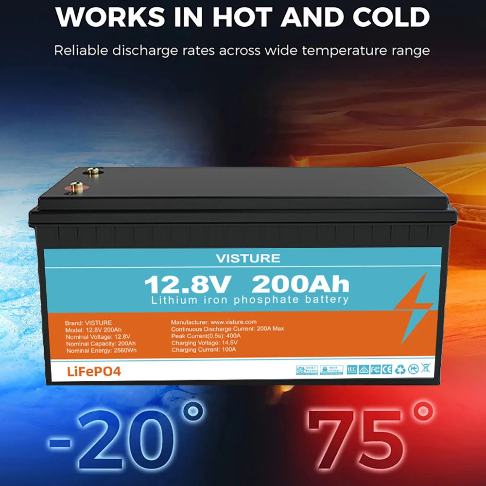 12.8V 200Ah LiFePO4 Battery 12V Lithium iron Phospha Energy Storage Pack Rechargeable Battery Bank Portable Solar Power Station